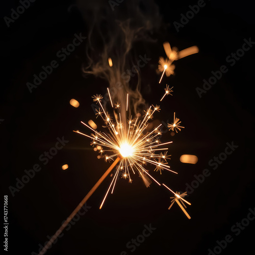 Bright sparkler emits vibrant sparks against dark background, creating festive and joyful atmosphere