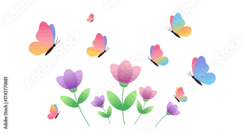 Colorful Butterflies and Flowers in a Spring Meadow.