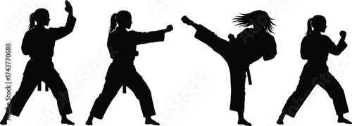 Martial arts silhouette vector, karate and taekwondo poses, traditional gi uniform, high kick, punching stance, self-defense illustration for stock content