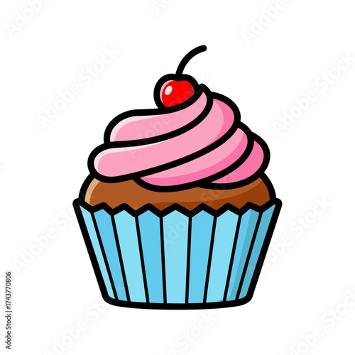 A delicious cartoon cupcake with pink frosting and a cherry on top.