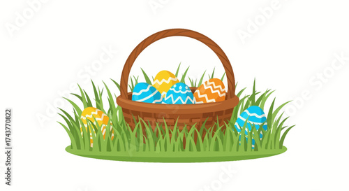 Easter basket filled with colorful eggs sitting in green grass.