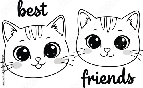 Best friends cute cats coloring page drawing vector illustration vector
