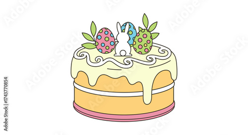 Easter Cake with Bunny and Eggs Illustration.