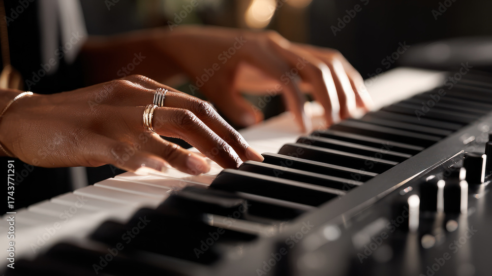 Obraz premium A person's hands playing piano during the cozy and happy holiday season, bringing joy and music.