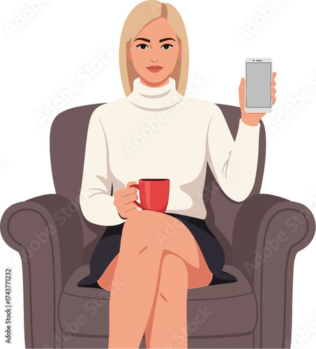 Woman showing phone screen with coffee in chair illustration vector