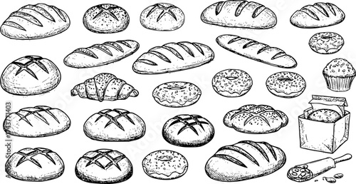 Vector hand-drawn bread and bakery design illustrations, food sketches, vector icons
