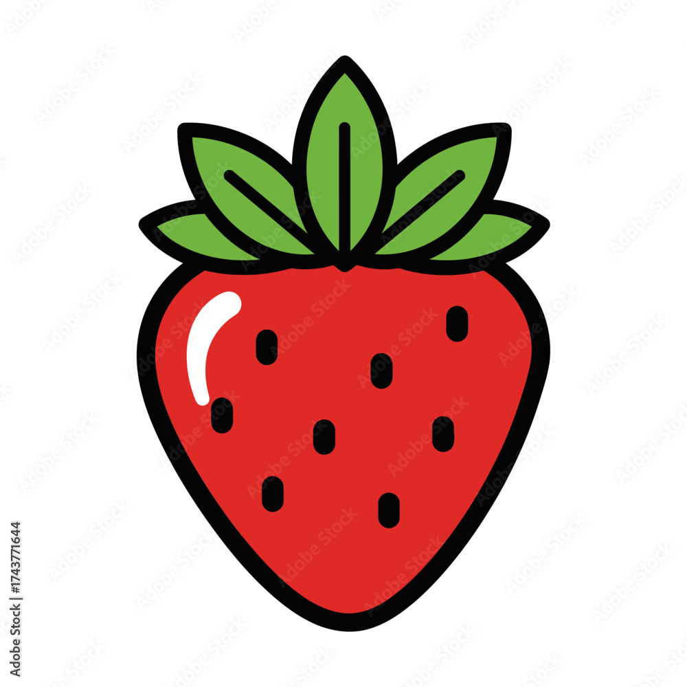 Obraz premium Vibrant Strawberry Illustration with Green Leaves and Black Seeds.
