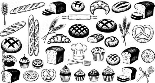 Vector hand-drawn bread and bakery design illustrations, food sketches, vector icons