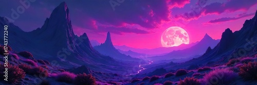 Alien Twilight Landscape Bioluminescent Flora Illuminates Towering Rock Formations under a Vibrant Purple Sky.  A mysterious and breathtaking planetary scene.