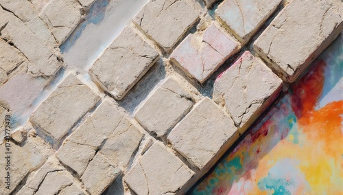 Close-up of chipped, aged stone tiles with colorful underlay