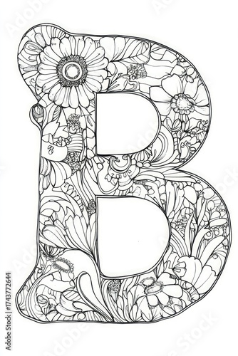 Floral letter B outline, intricate flower-filled design