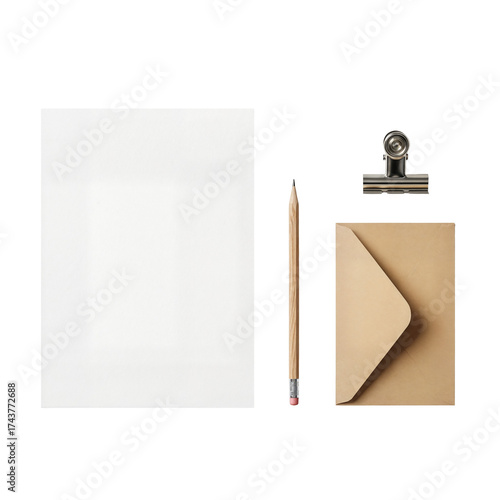 A flat lay composition of stationery items including a white paper, a brown envelope, a wooden pencil, and a metal binder clip, isolated on a transparent background