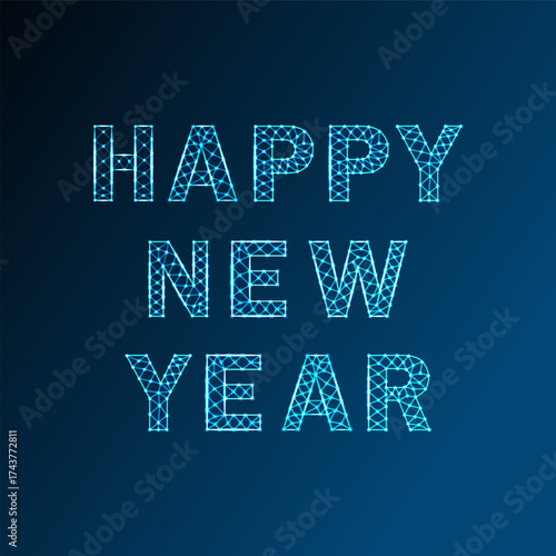 Futuristic 2026 digital design with glowing polygonal network lines, blue neon grid, technology concept, modern innovation, and cyber new year theme.