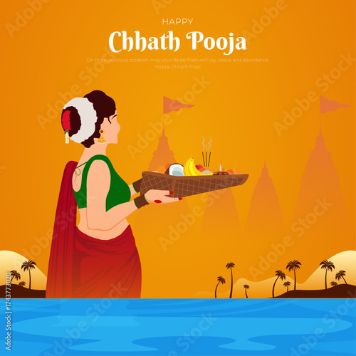 Happy Chhath Pooja Post and Greeting Card. Minimal and Modern indian Festival Poster and Flyer Template with Text. Vector Illustration