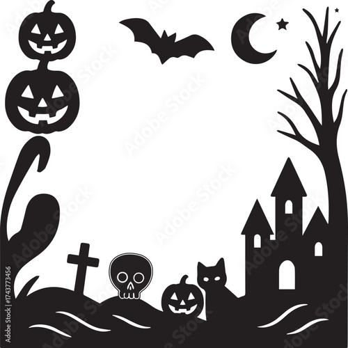 Halloween Border Vector with Pumpkins, Castle, Skull, Bat, and Cat Silhouette Design Illustrator Artwork