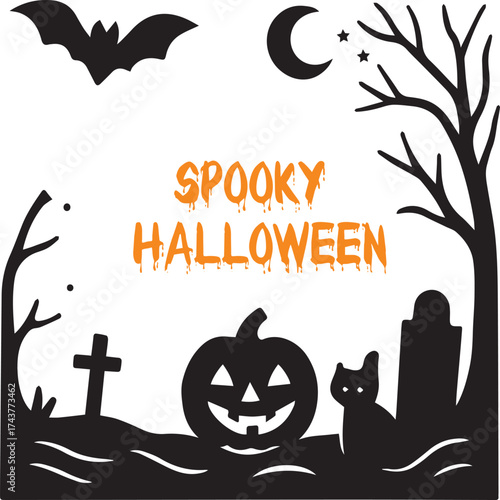 Spooky Halloween Vector with Pumpkin, Bat, Cat, and Graveyard Silhouette Design Illustrator Artwork