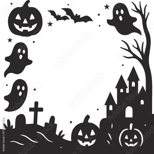 Spooky Black Silhouette Halloween Frame: Haunted House, Dead Tree, Pumpkin, and Bat Illustrator Artwork