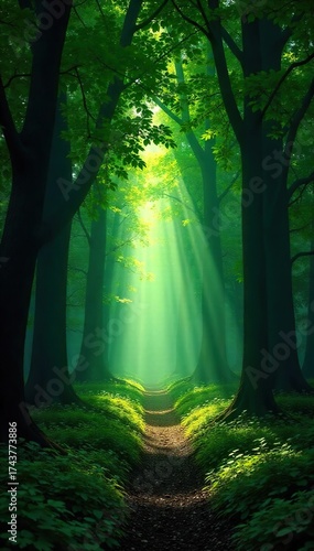 Sun-Dappled Grove Mystical Forest Scene, Secluded Trees, Vibrant Earth Tones, Perfect for Fantasy & Nature Themes
