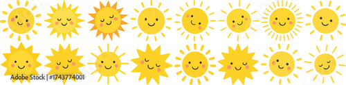 Playful flat vector set of smiling sun icons with varied rays and faces, bright yellow circles and starbursts; perfect for summer themes, weather graphics, kids materials, and cheerful designs.
