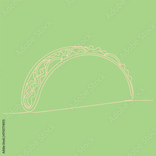 Minimalist line art of a taco with detailed fillings on a soft green