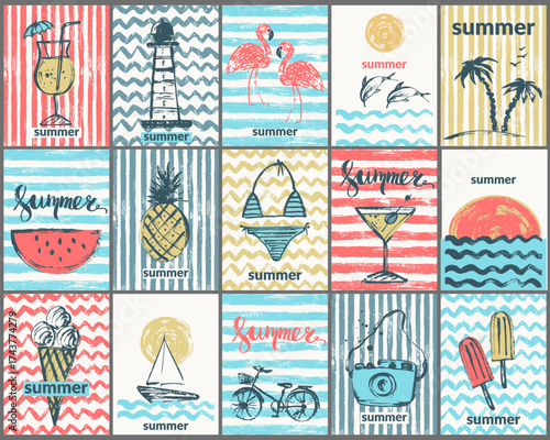 Vector summer posters with striped and wavy grunge textures and rough sketches. Lighthouse, flamingo, dolphin, palm trees, popsicle, ice cream, bike, swimsuit, cocktails, pineapple, beach, sea, sun.
