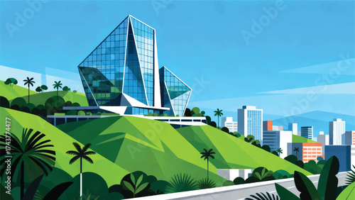 Illustration Of A Modern City On A Green Hill With Futuristic Glass Buildings Vector Design Template