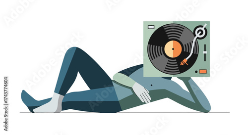 Conceptual illustration of a person relaxing while listening to vinyl records at home