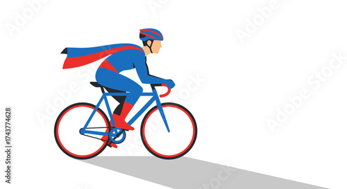 Superhero cyclist racing forward on a blue bicycle against a bright white background