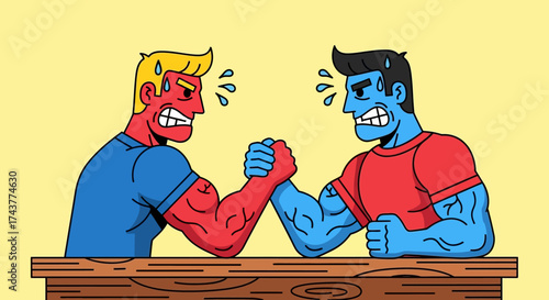 Intense Arm Wrestling Match: Two muscular cartoon characters locked in a competitive struggle