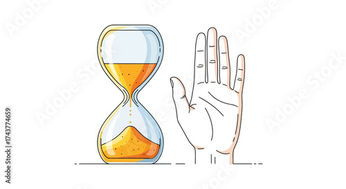 Stylized illustration depicting time running out with hourglass and hand symbol