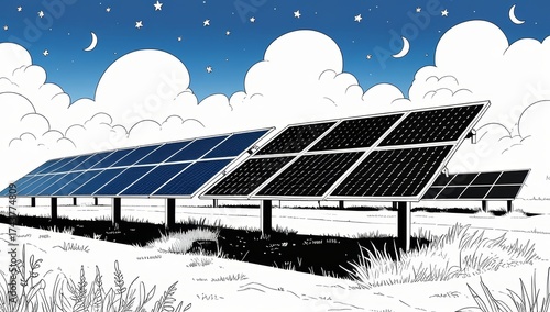 Solar panels on field under night sky with clouds and stars  