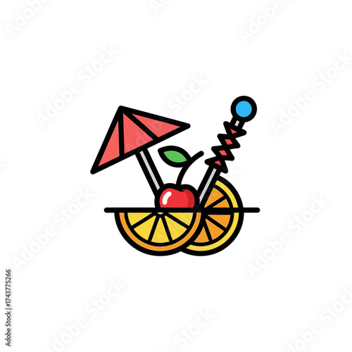 Colorful Cocktail Garnish with Umbrella and Fruit Slices.