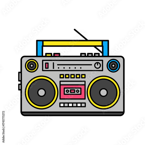 Retro boombox illustration with speakers and cassette tape player design.