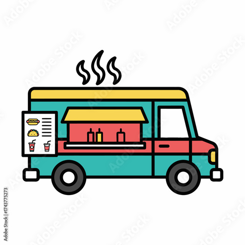 Colorful Cartoon Food Truck Vector Illustration Isolated.