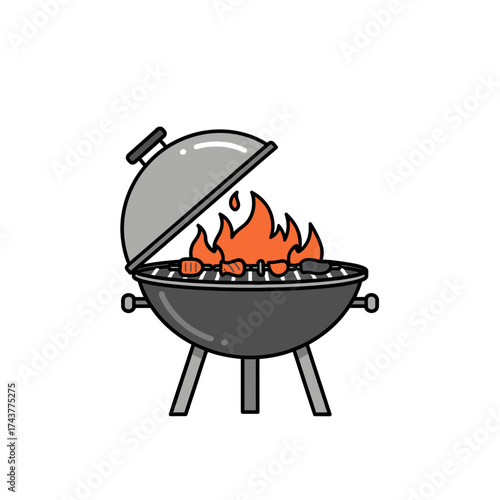 Barbecue grill with food cooking over open flames.