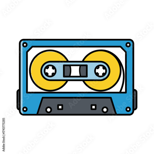 Retro audio cassette tape design in blue and yellow color scheme.
