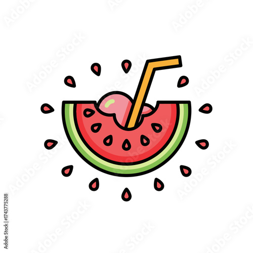 Watermelon slice with a straw and juice drops, refreshing summer drink.