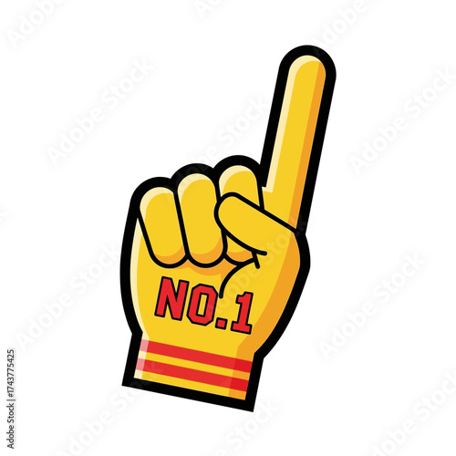 Yellow foam finger pointing up, showing number one, cheering gesture.