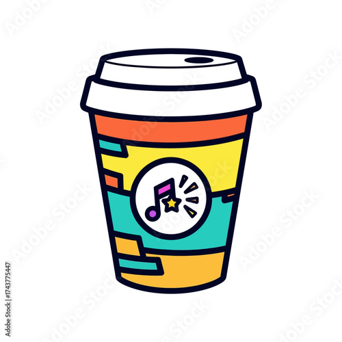 Colorful coffee to go cup with a musical note logo.