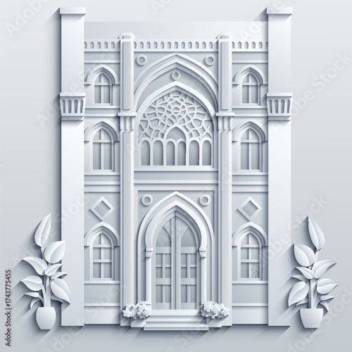 White paper cut style vector illustration of a classic building facade with gothic windows, arched doors and decorative plants. Elegant 3D design.