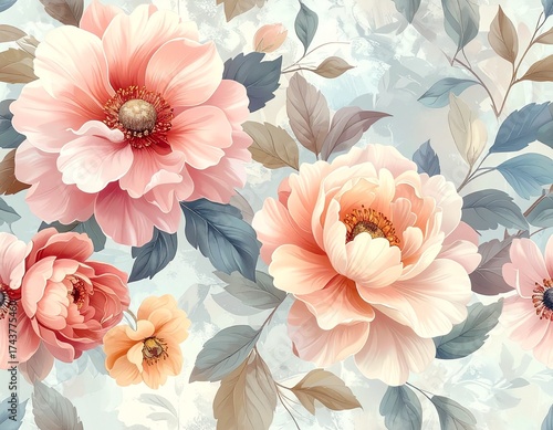 Watercolor background of pink roses and other beautiful flowers blooming in a spring or summer garden creates a lovely floral art pattern