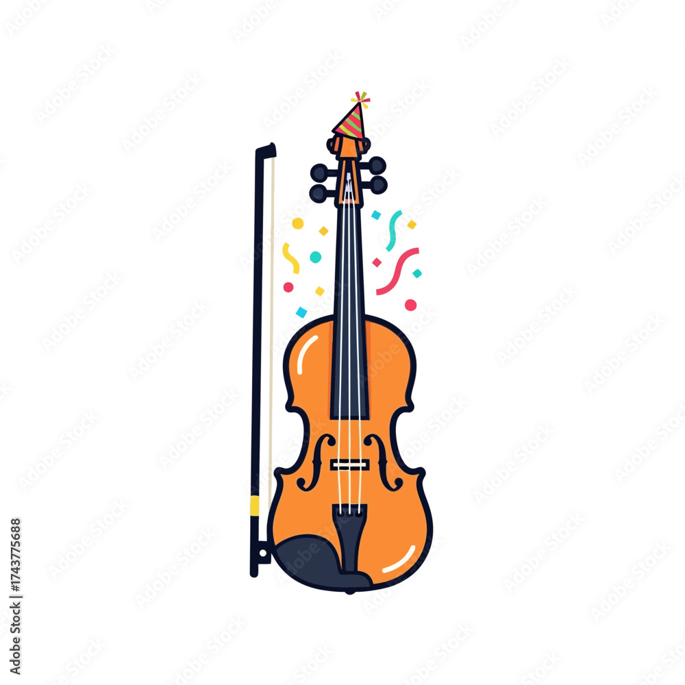 Fototapeta premium Festive violin illustration with party hat and bow, musical celebration concept.