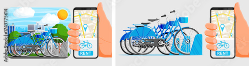 Man booking bicycle share service in city. Hand holding smartphone with map and rent button. Urban transport, ecological option.