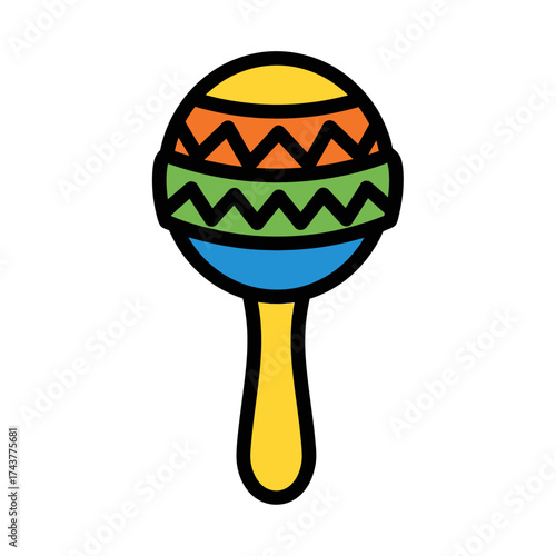 Colorful illustrated maraca musical percussion instrument icon.