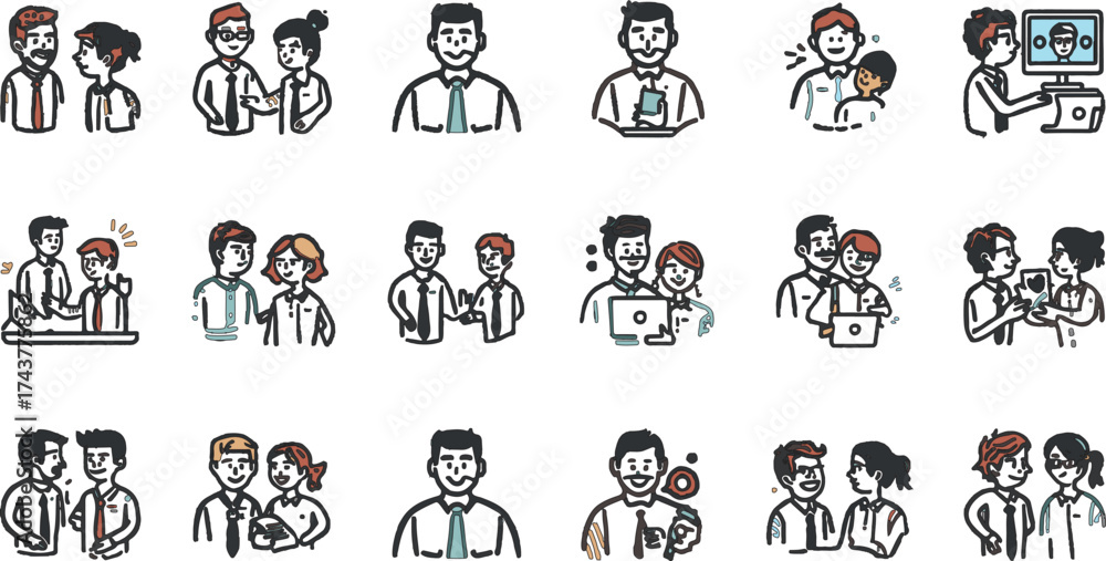 Obraz premium Vector line art of office team working together. EPS-ready for teamwork, business, and corporate themes. Clean, scalable, and suitable for professional design use. 