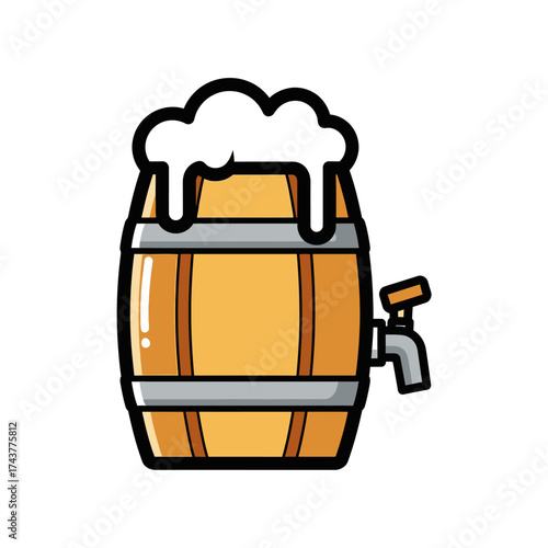 Cartoon Beer Barrel Overflowing with Foam, Ready to Serve.