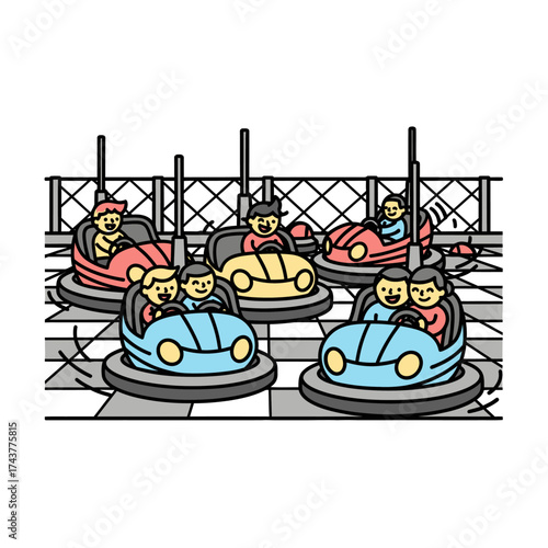 Happy friends and family enjoying a fun bumper car ride together.