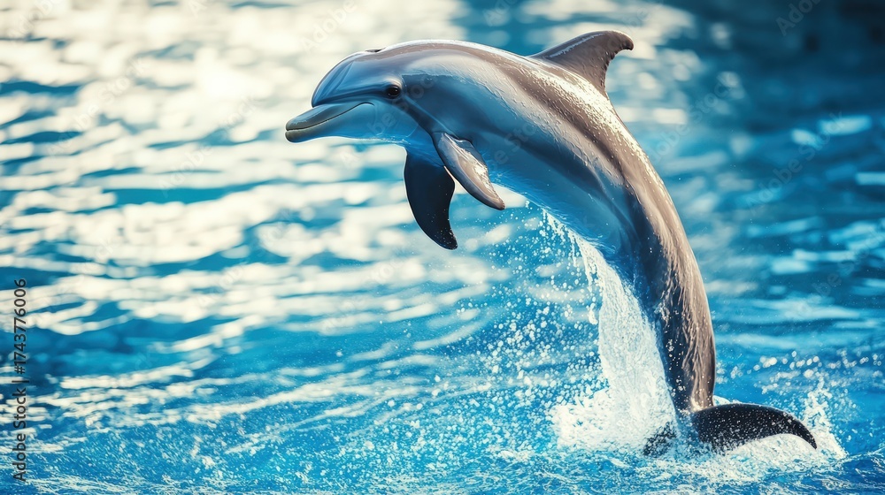 Fototapeta premium A dolphin leaps out of the water, back arched, surrounded by splashes
