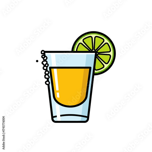 Tequila shot with lime slice and salt rim.