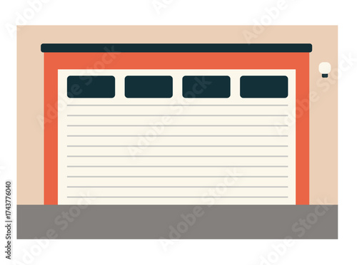 Modern flat vector illustration of a garage door and warehouse building, ideal for business, logistics, shipping, industrial architecture, or delivery and storage design concepts.